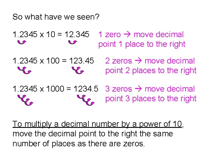 So what have we seen? 1. 2345 x 10 = 12. 345 1. 2345