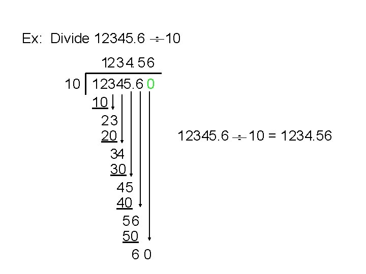 Ex: Divide 12345. 6 10 12 3 4. 5 6 10 12345. 6 0