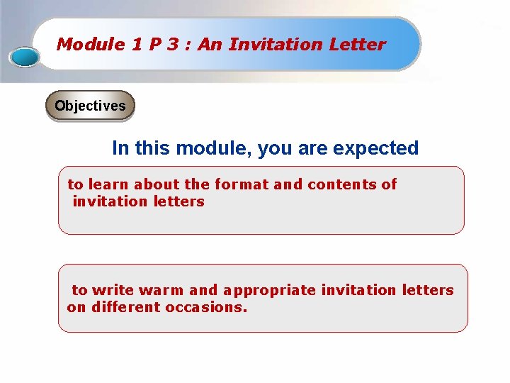Module 1 P 3 : An Invitation Letter Objectives In this module, you are