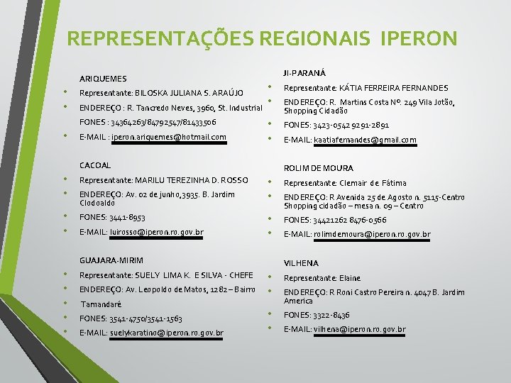REPRESENTAÇÕES REGIONAIS IPERON JI-PARANÁ ARIQUEMES • • ENDEREÇO : R. Tancredo Neves, 3960, St.