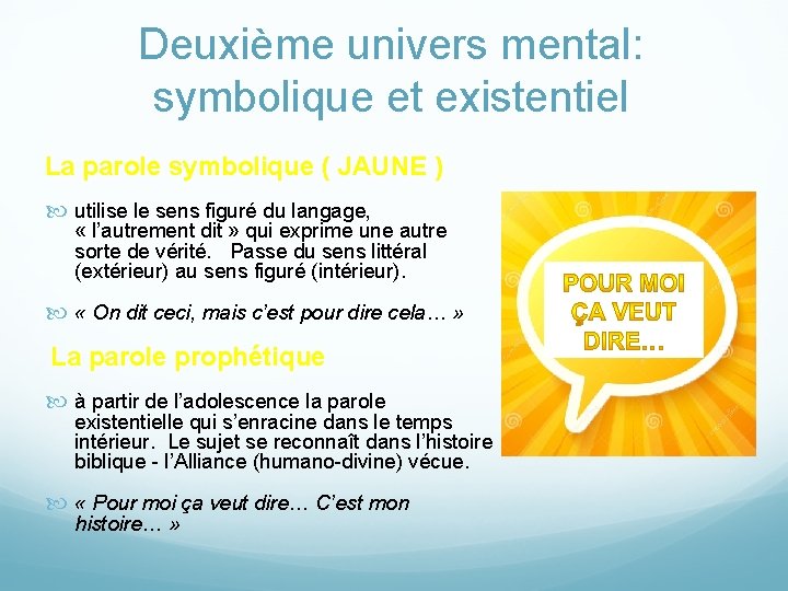 Deuxième univers mental: symbolique et existentiel La parole symbolique ( JAUNE ) utilise le