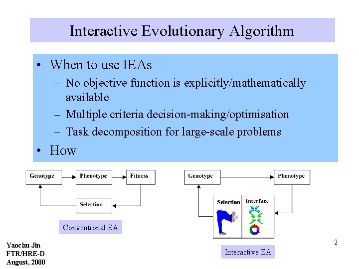 Interactive Evolutionary Algorithm • When to use IEAs – No objective function is explicitly/mathematically