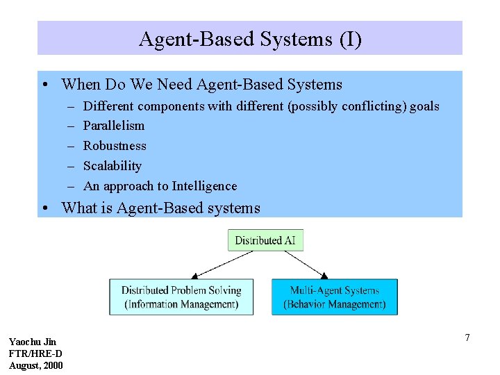 Agent-Based Systems (I) • When Do We Need Agent-Based Systems – – – Different