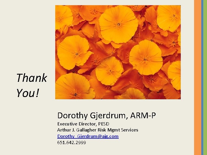 Thank You! Dorothy Gjerdrum, ARM-P Executive Director, PESD Arthur J. Gallagher Risk Mgmt Services