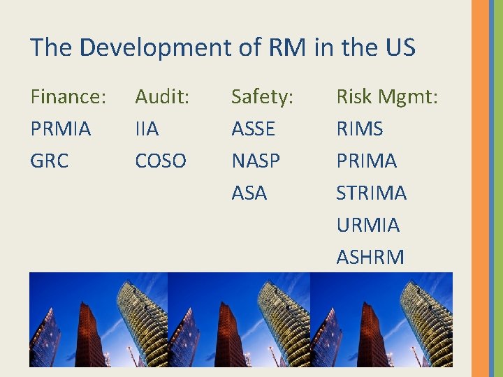 The Development of RM in the US Finance: PRMIA GRC Audit: IIA COSO Safety: