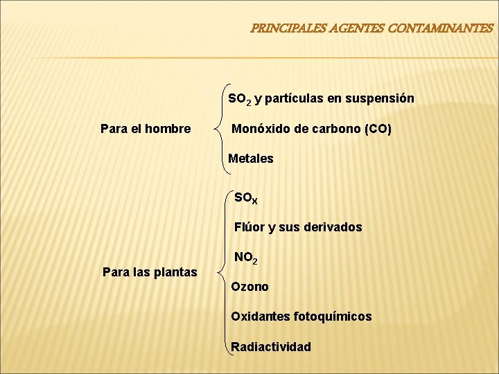 PRINCIPALES AGENTES CONTAMINANTES SO 2 y partículas en suspensión Para el hombre Monóxido de