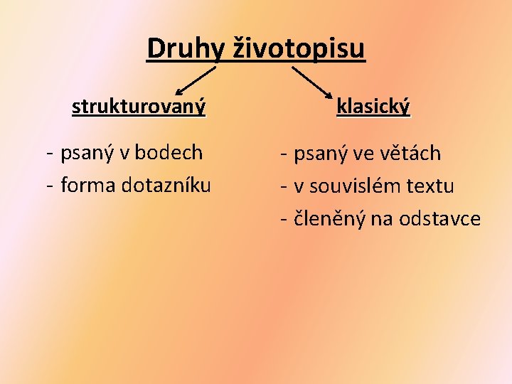 Druhy životopisu strukturovaný - psaný v bodech - forma dotazníku klasický - psaný ve