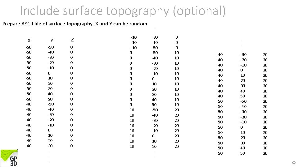 Include surface topography (optional) Prepare ASCII file of surface topography. X and Y can