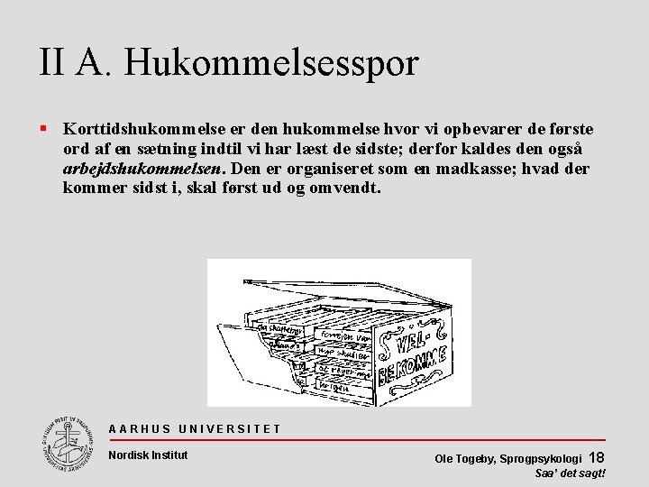 II A. Hukommelsesspor Korttidshukommelse er den hukommelse hvor vi opbevarer de første ord af