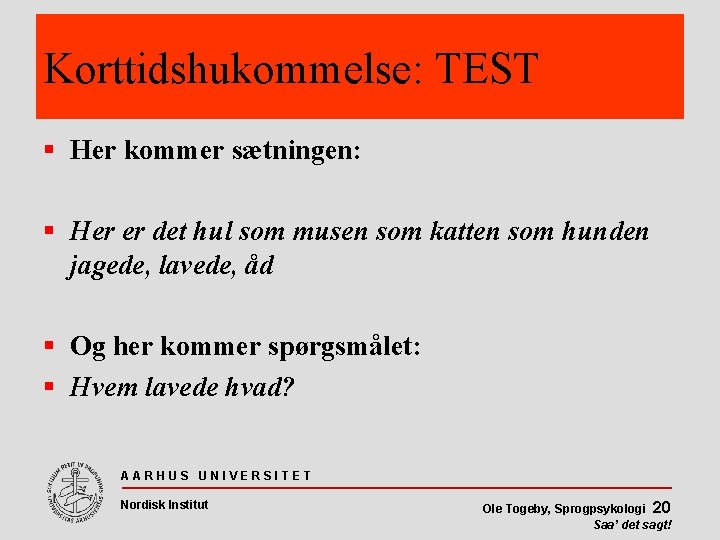 Korttidshukommelse: TEST Her kommer sætningen: Her er det hul som musen som katten som