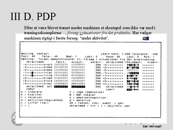 III D. PDP Efter at være blevet trænet møder maskinen et eksempel som ikke