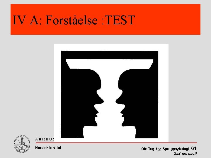 IV A: Forståelse : TEST AARHUS UNIVERSITET Nordisk Institut Ole Togeby, Sprogpsykologi 61 Saa’