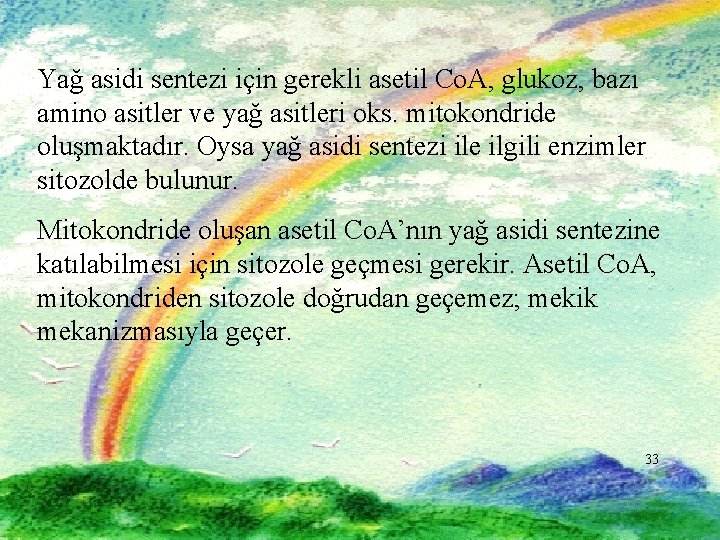 Yağ asidi sentezi için gerekli asetil Co. A, glukoz, bazı amino asitler ve yağ