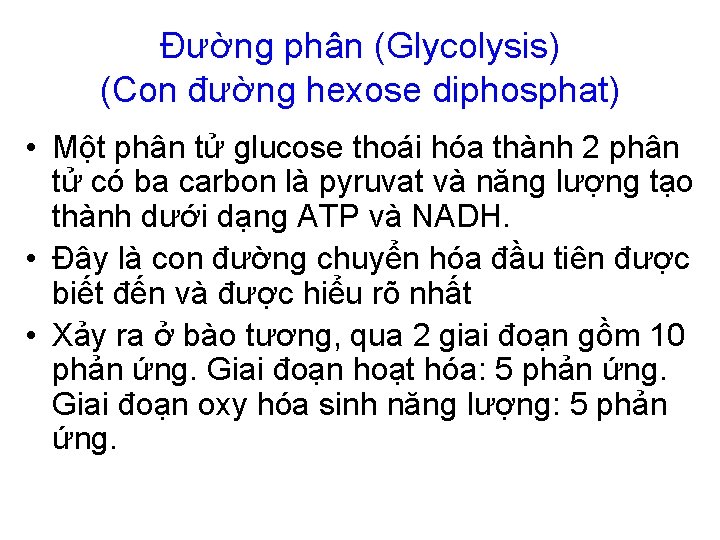 Đường phân (Glycolysis) (Con đường hexose diphosphat) • Một phân tử glucose thoái hóa