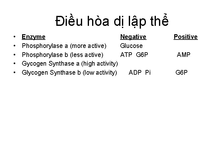 Điều hòa dị lập thể • • • Enzyme Negative Phosphorylase a (more active)