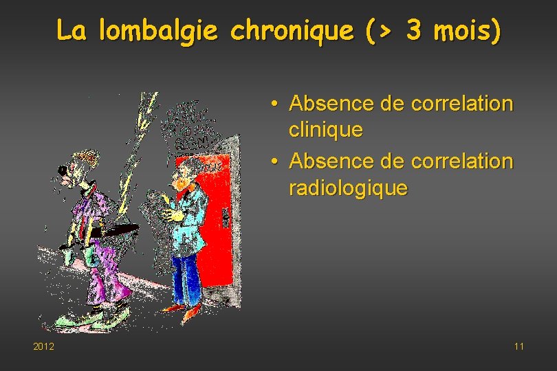 La lombalgie chronique (> 3 mois) • Absence de correlation clinique • Absence de