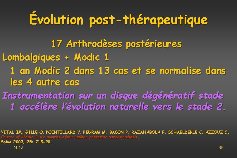 Évolution post-thérapeutique 17 Arthrodèses postérieures Lombalgiques + Modic 1 1 an Modic 2 dans