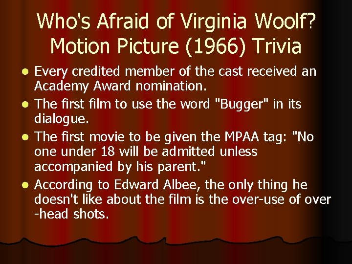Who's Afraid of Virginia Woolf? Motion Picture (1966) Trivia Every credited member of the