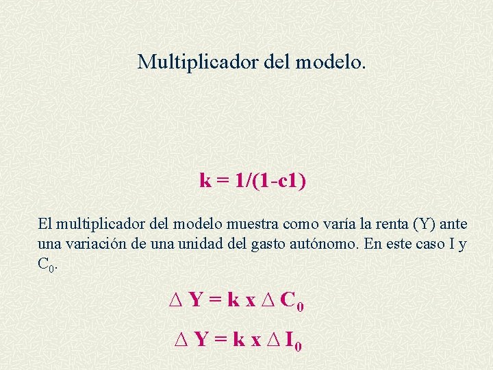 Multiplicador del modelo. k = 1/(1 -c 1) El multiplicador del modelo muestra como