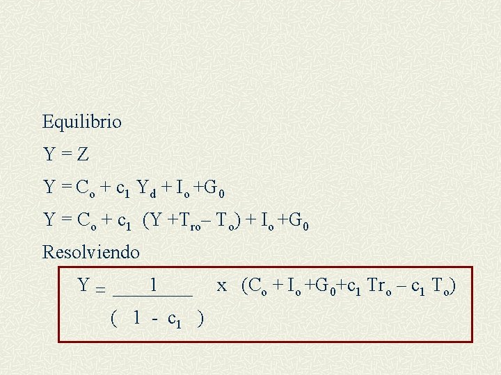 Equilibrio Y=Z Y = Co + c 1 Yd + Io +G 0 Y