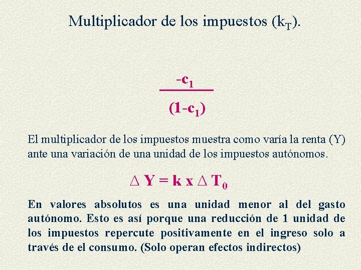 Multiplicador de los impuestos (k. T). -c 1 (1 -c 1) El multiplicador de