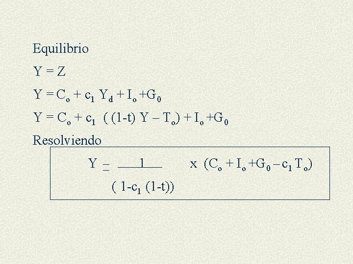 Equilibrio Y=Z Y = Co + c 1 Yd + Io +G 0 Y