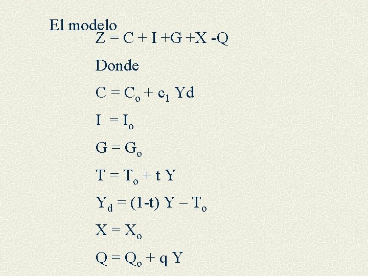 El modelo Z = C + I +G +X -Q Donde C = Co