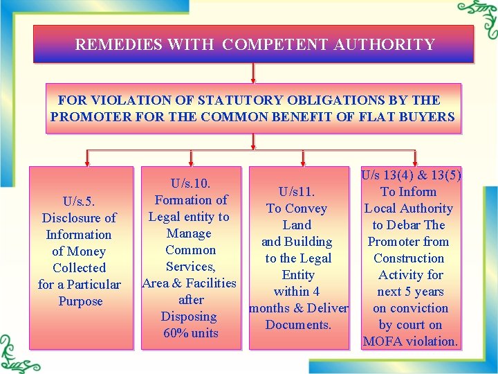 REMEDIES WITH COMPETENT AUTHORITY FOR VIOLATION OF STATUTORY OBLIGATIONS BY THE PROMOTER FOR THE