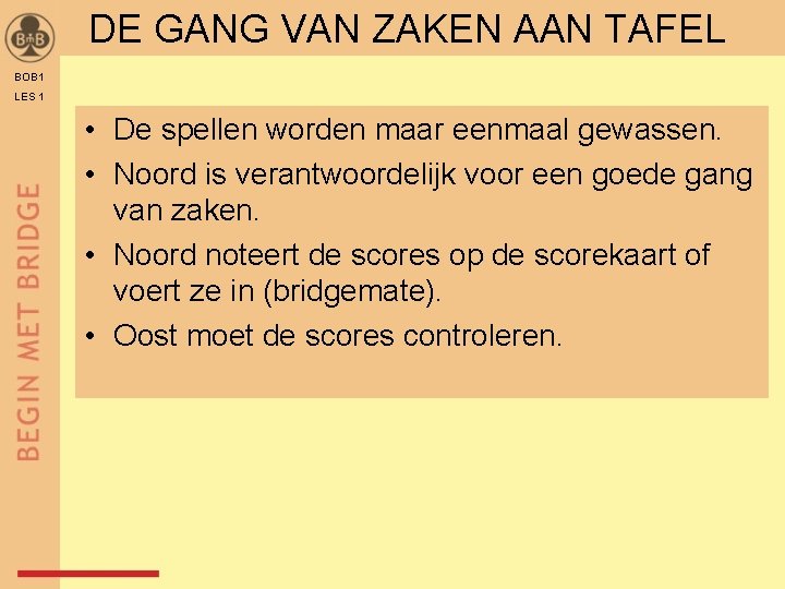 DE GANG VAN ZAKEN AAN TAFEL BOB 1 LES 1 • De spellen worden