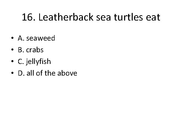 16. Leatherback sea turtles eat • • A. seaweed B. crabs C. jellyfish D.