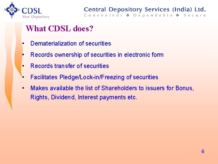 What CDSL does? • Dematerialization of securities • Records ownership of securities in electronic