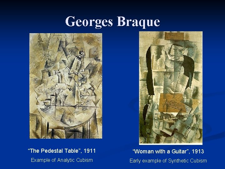 Georges Braque “The Pedestal Table”, 1911 “Woman with a Guitar”, 1913 Example of Analytic