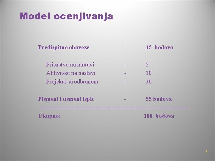 Model ocenjivanja Predispitne obaveze Prisustvo na nastavi Aktivnost na nastavi Projekat sa odbranom -