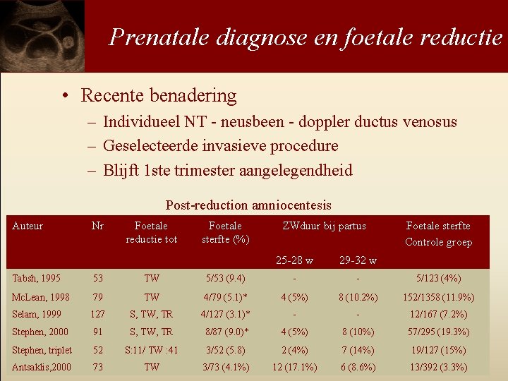 Prenatale diagnose en foetale reductie • Recente benadering – Individueel NT - neusbeen -
