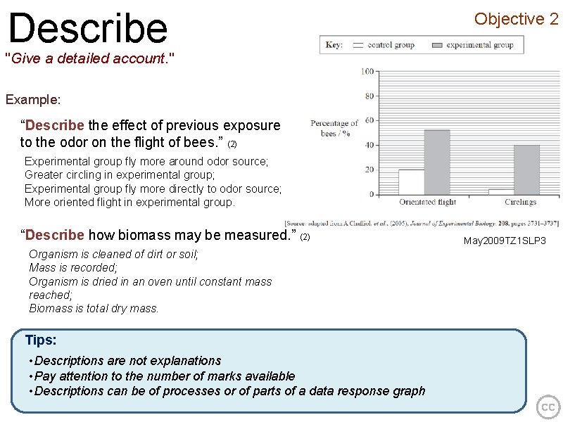 Describe Objective 2 "Give a detailed account. " Example: “Describe the effect of previous