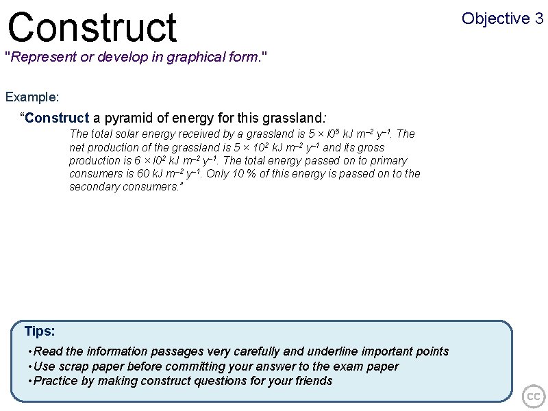 Construct "Represent or develop in graphical form. " Example: “Construct a pyramid of energy