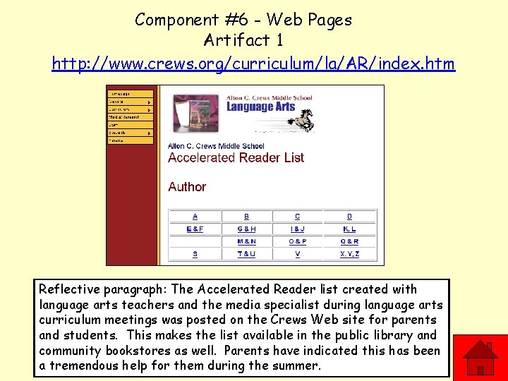 Component #6 - Web Pages Artifact 1 http: //www. crews. org/curriculum/la/AR/index. htm Reflective paragraph: