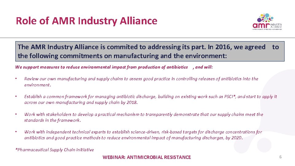  Role of AMR Industry Alliance The AMR Industry Alliance is commited to addressing