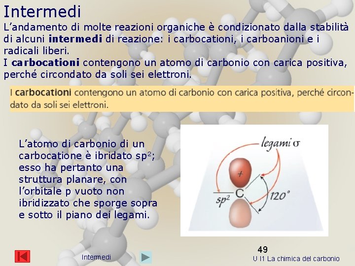 Intermedi L’andamento di molte reazioni organiche è condizionato dalla stabilità di alcuni intermedi di