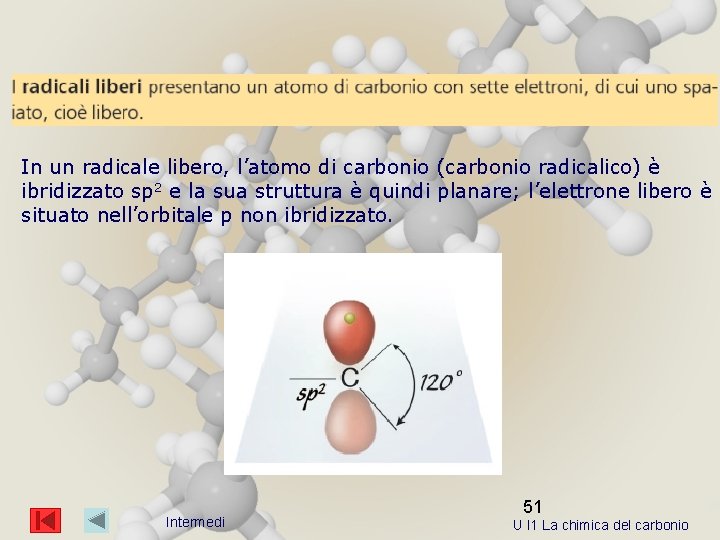 In un radicale libero, l’atomo di carbonio (carbonio radicalico) è ibridizzato sp 2 e