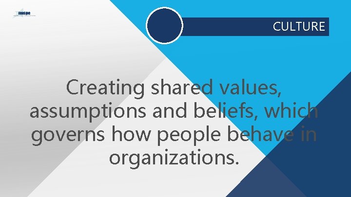 CULTURE Creating shared values, assumptions and beliefs, which governs how people behave in organizations.