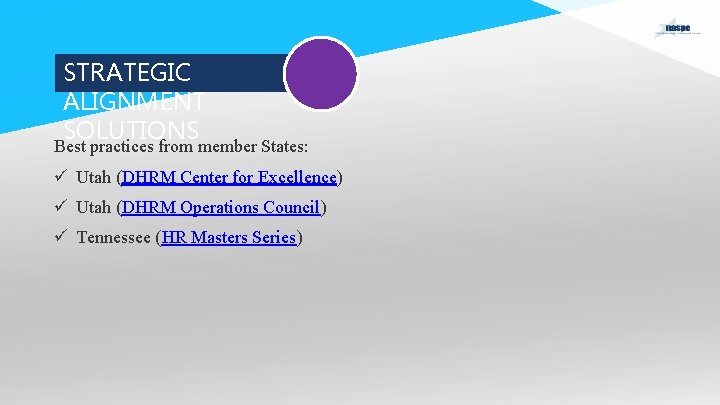 STRATEGIC ALIGNMENT SOLUTIONS Best practices from member States: ü Utah (DHRM Center for Excellence)