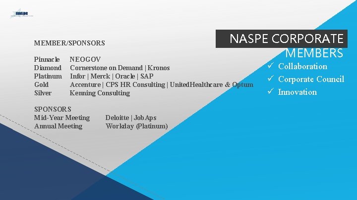 NASPE CORPORATE MEMBERS MEMBER/SPONSORS Pinnacle Diamond Platinum Gold Silver NEOGOV Cornerstone on Demand |