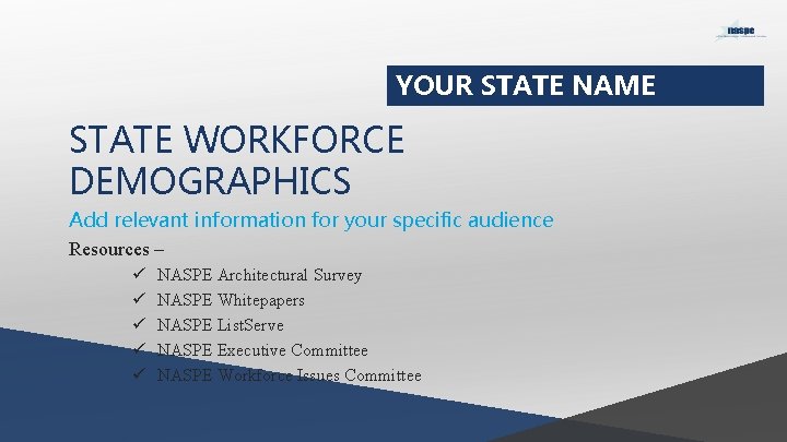 YOUR STATE NAME STATE WORKFORCE DEMOGRAPHICS Add relevant information for your specific audience Resources