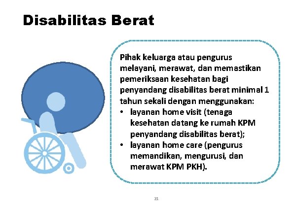 Disabilitas Berat Pihak keluarga atau pengurus melayani, merawat, dan memastikan pemeriksaan kesehatan bagi penyandang