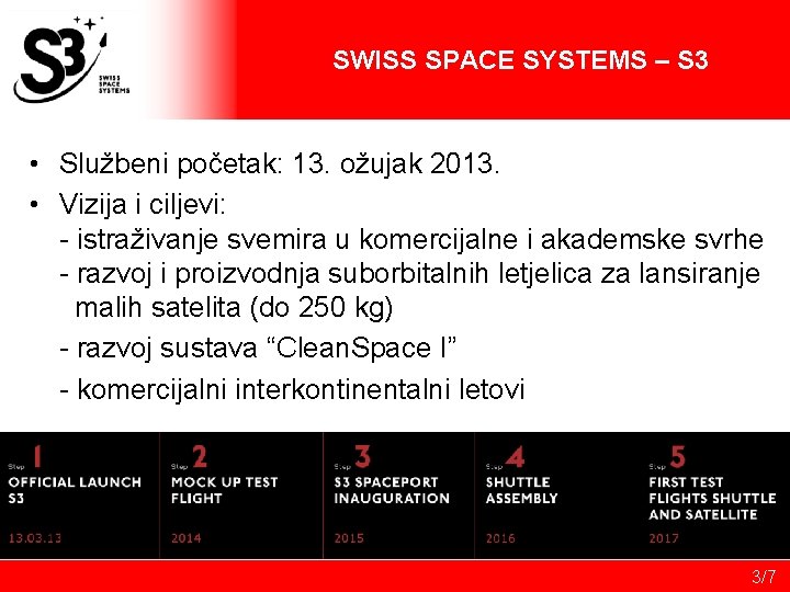 SWISS SPACE SYSTEMS – S 3 • Službeni početak: 13. ožujak 2013. • Vizija