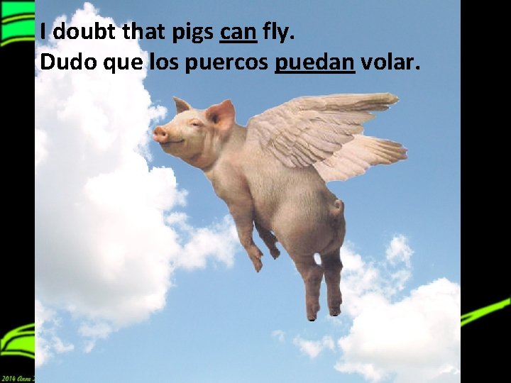 I doubt that pigs can fly. Dudo que los puercos puedan volar. 