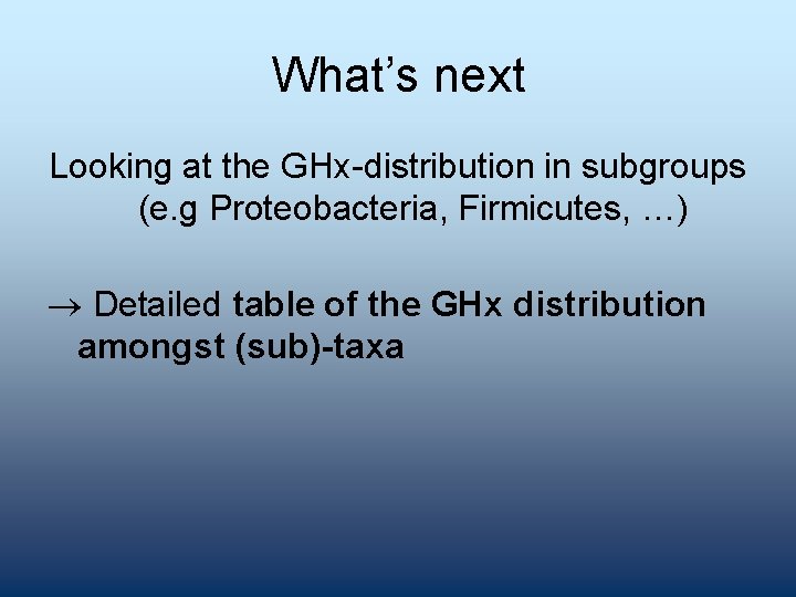 What’s next Looking at the GHx-distribution in subgroups (e. g Proteobacteria, Firmicutes, …) Detailed
