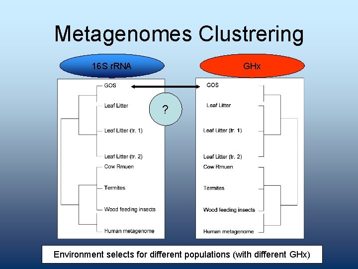 Metagenomes Clustrering 16 S r. RNA GHx ? Environment selects for different populations (with