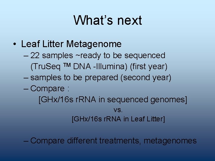 What’s next • Leaf Litter Metagenome – 22 samples ~ready to be sequenced (Tru.